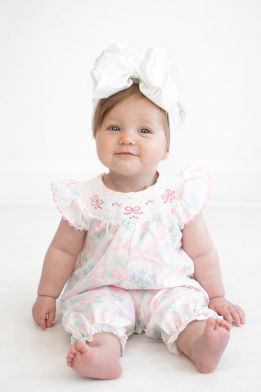 Trellis Bow Smocked Baby Romper