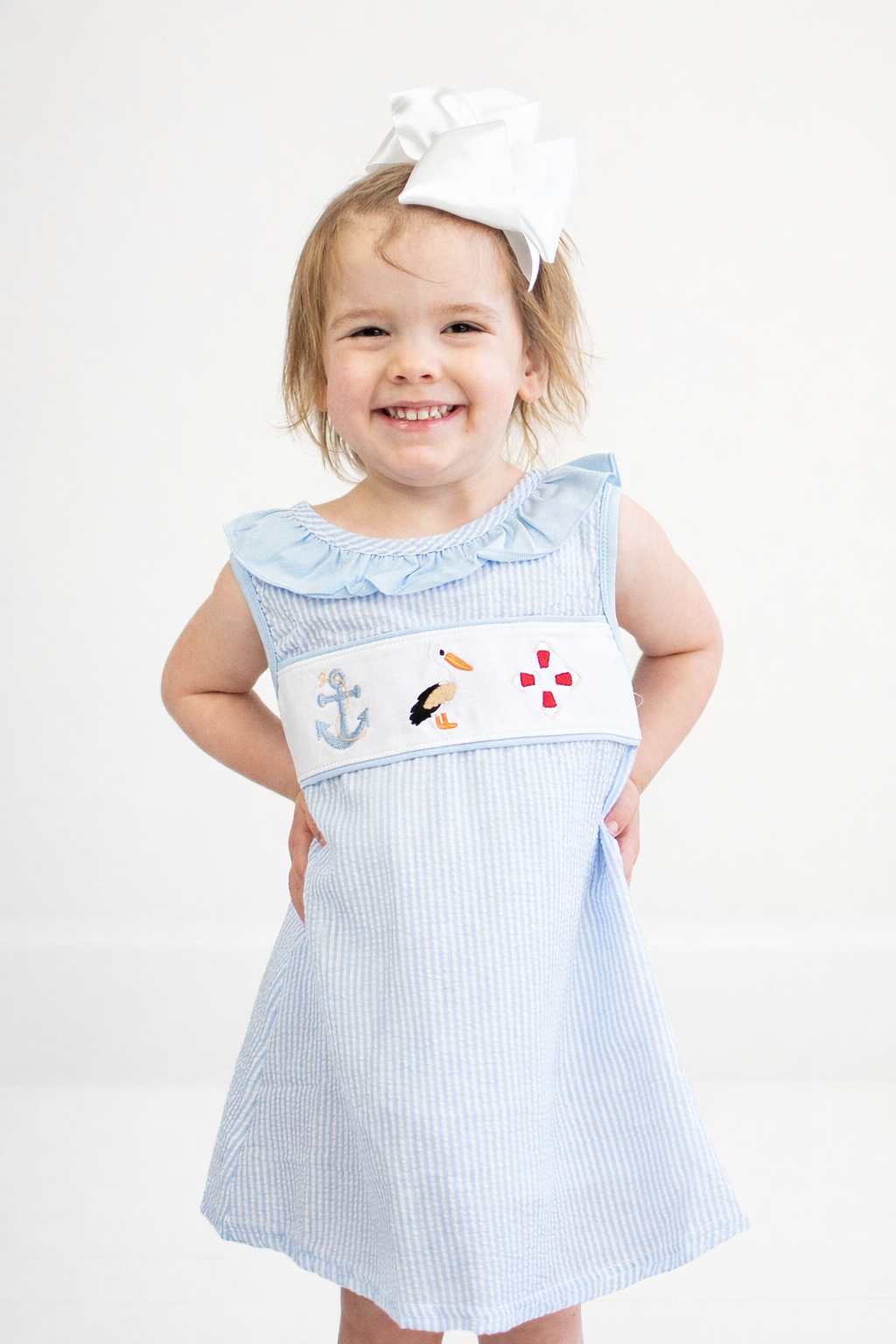 Blue nautical trio embroidery ruffle dress