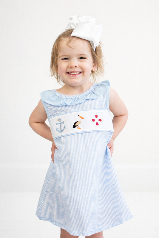 Blue nautical trio embroidery ruffle dress