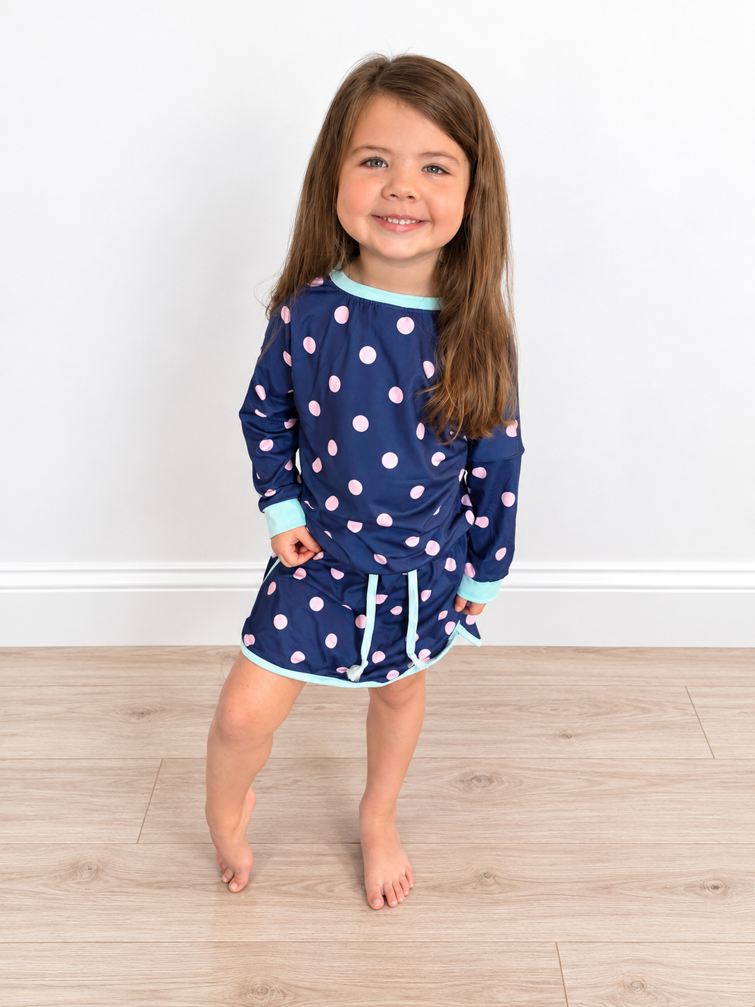 PREORDER - Girls Blue Polka Dots Long Sleeve Skort Set (Closes 9/27)