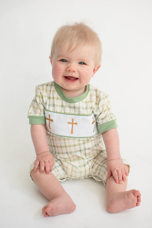 Green Easter Plaid Embroidery Boy Romper