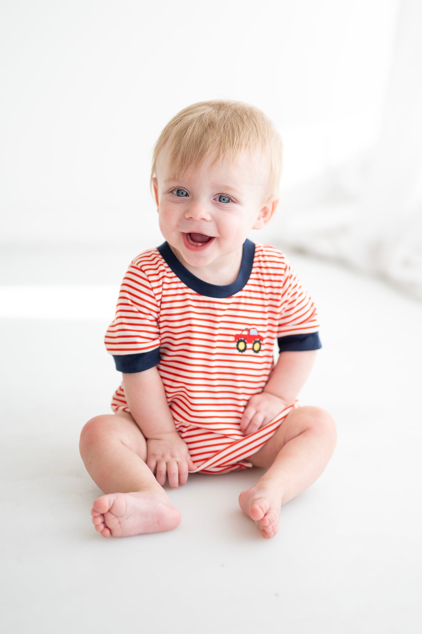 Red Stripe Truck Embroidered Romper