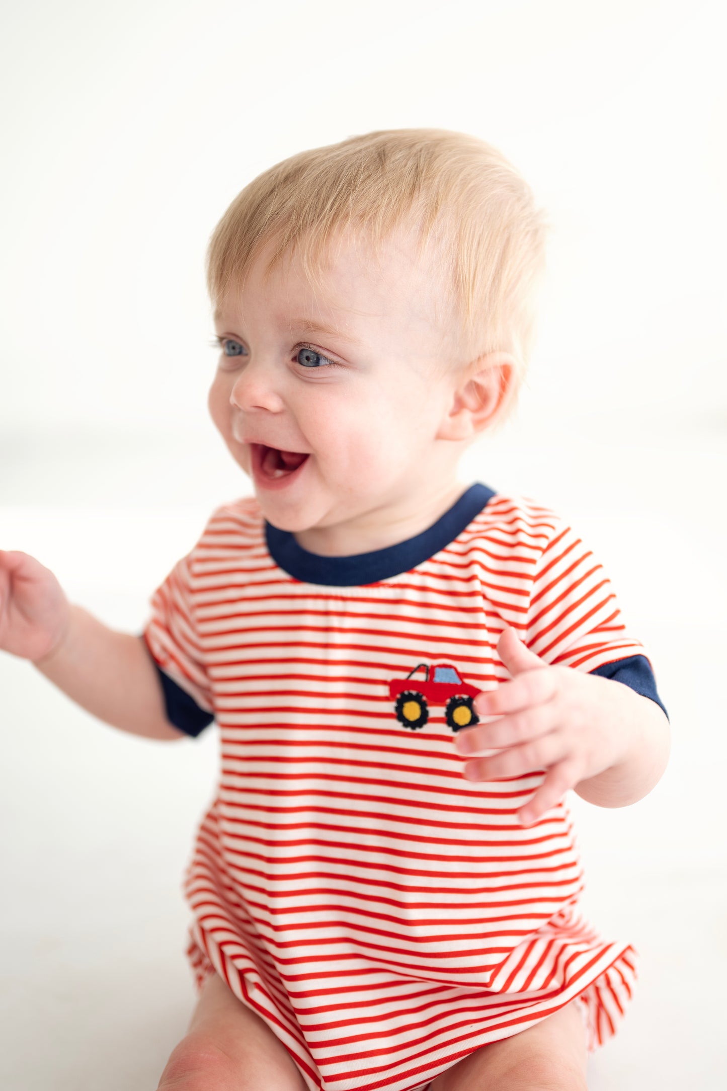 Red Stripe Truck Embroidered Romper