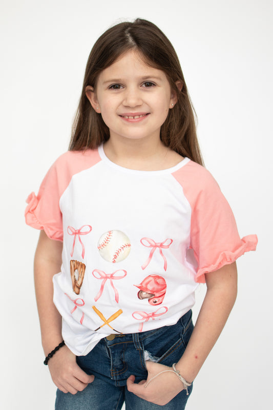 Pink baseball bow tie girl top