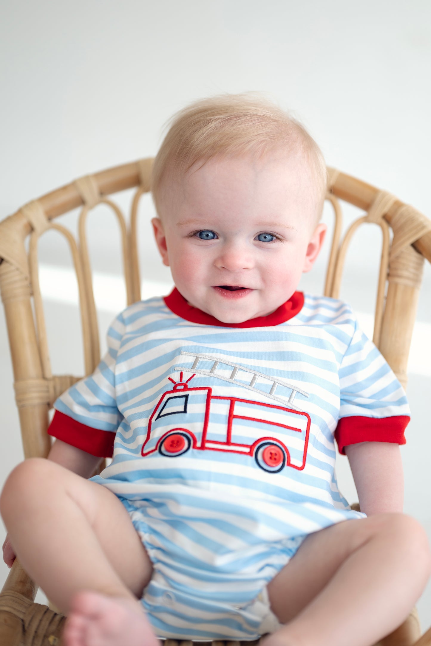 Blue Fire Engine Stripe Embroidered Bubble