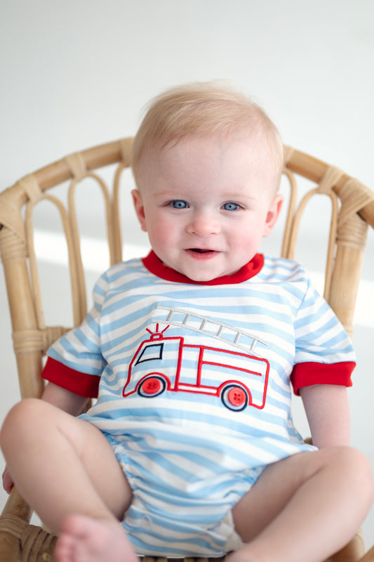 Blue Fire Engine Stripe Embroidered Bubble