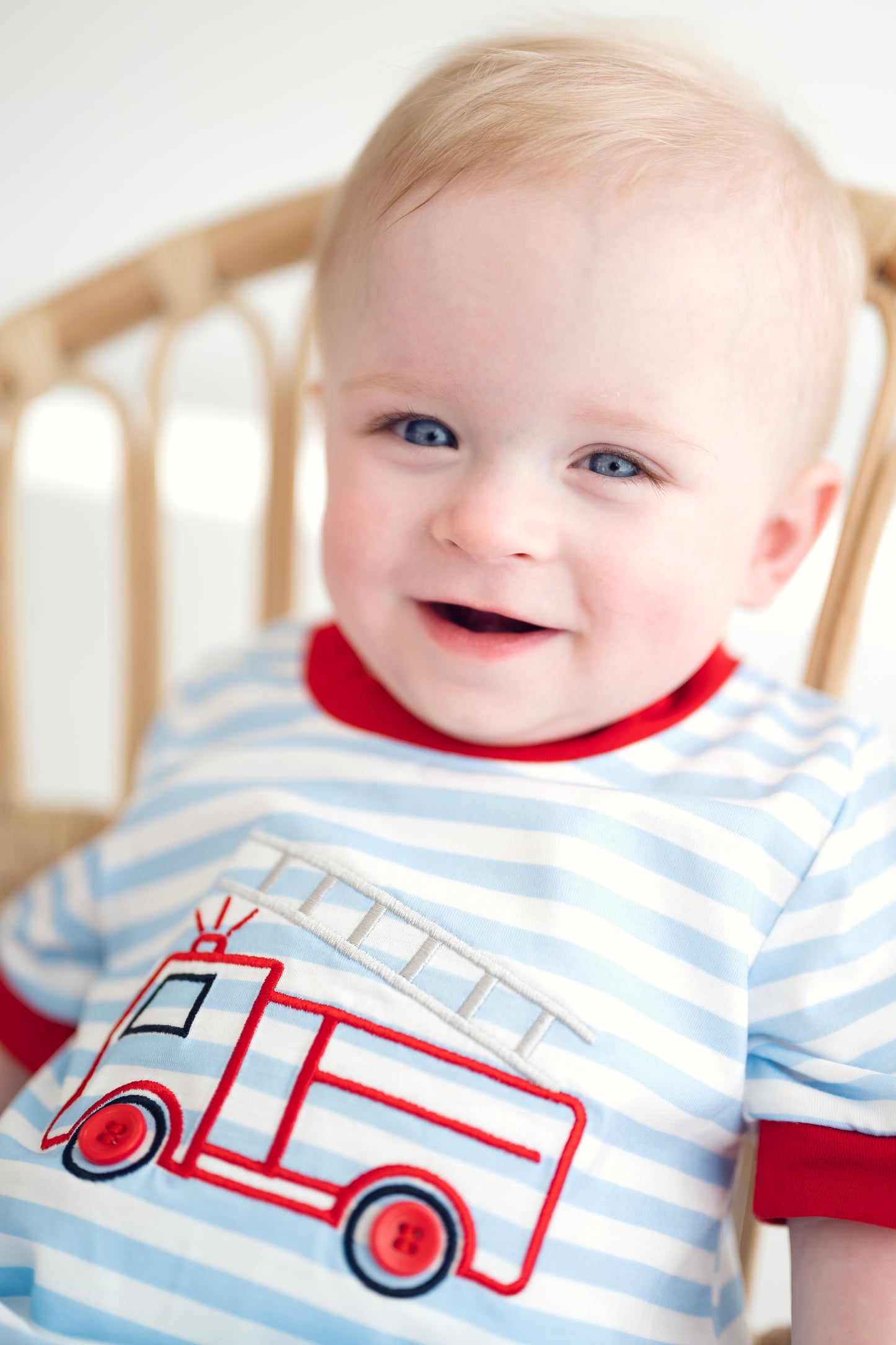 Blue Fire Engine Stripe Embroidered Bubble