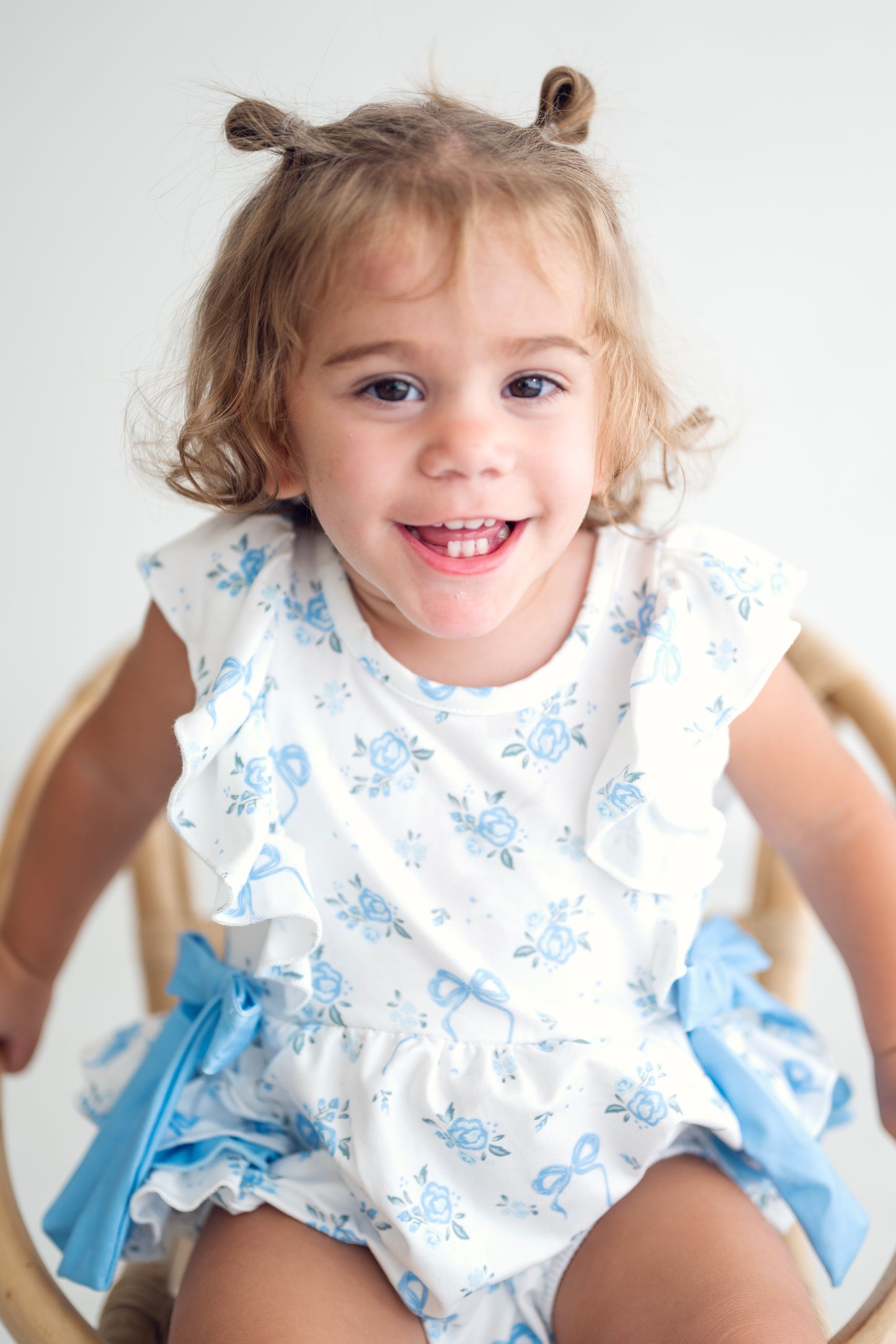 Blue Floral Baby Girls Bow Ruffle Romper