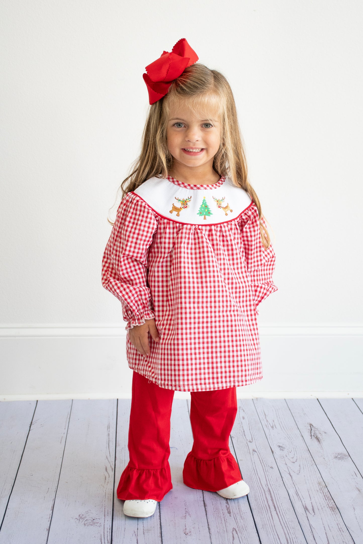 Christmas Tree Reindeer Smocked Girl Set