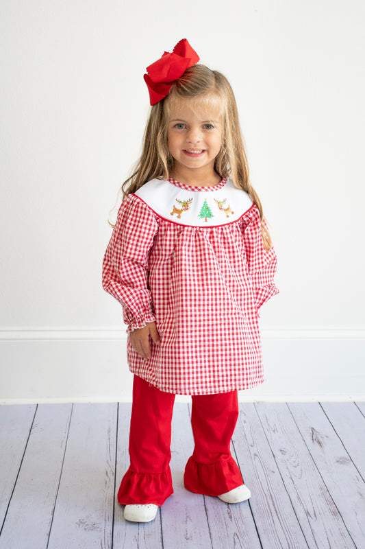 Christmas Tree Reindeer Smocked Girl Set