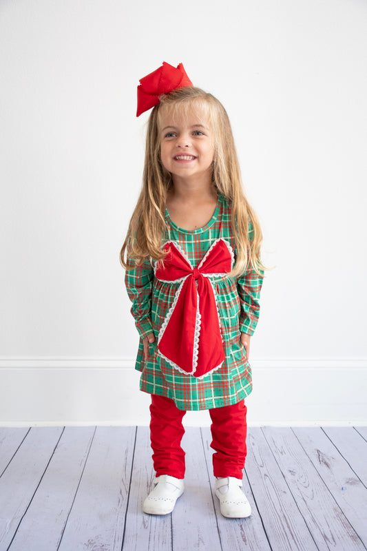 Forest Lace Bow Plaid Pant Set