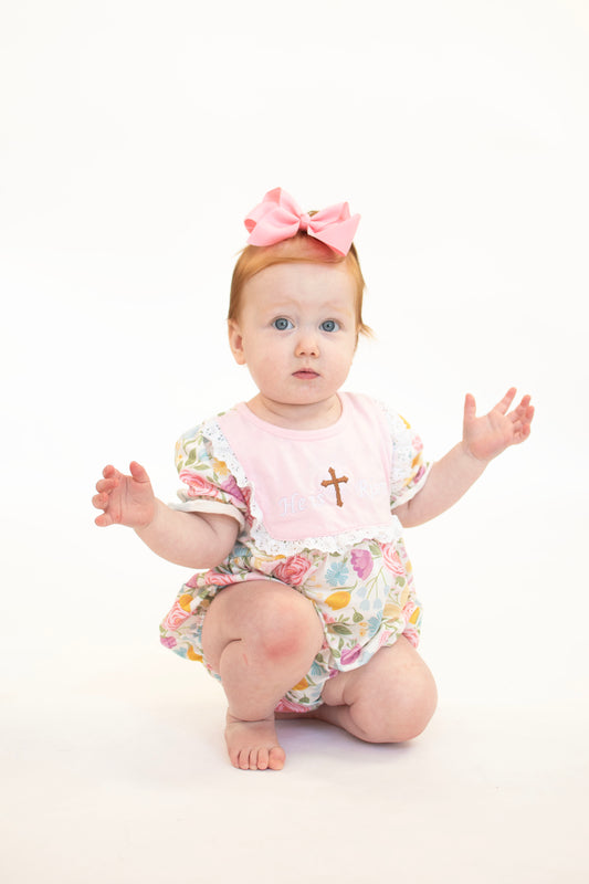 Pink Easter Cross He is Risen Girl Bubble