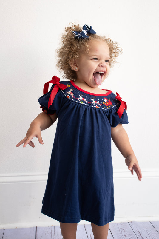 Santa's Sleigh Navy Girl Dress