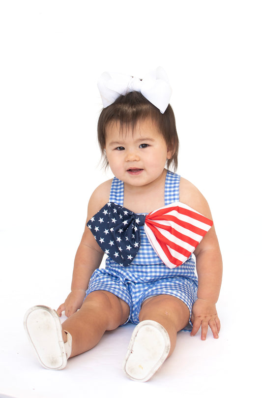 Blue flag bow gingham jumpsuit