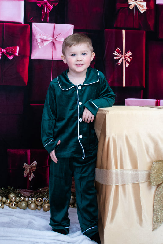 Boys Christmas Green Velvet Long Sleeves Pant Pajamas Set