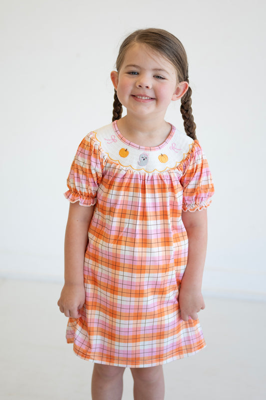 Halloween Pumpkin Bow Ghost Embroidered Plaid Girls Dress