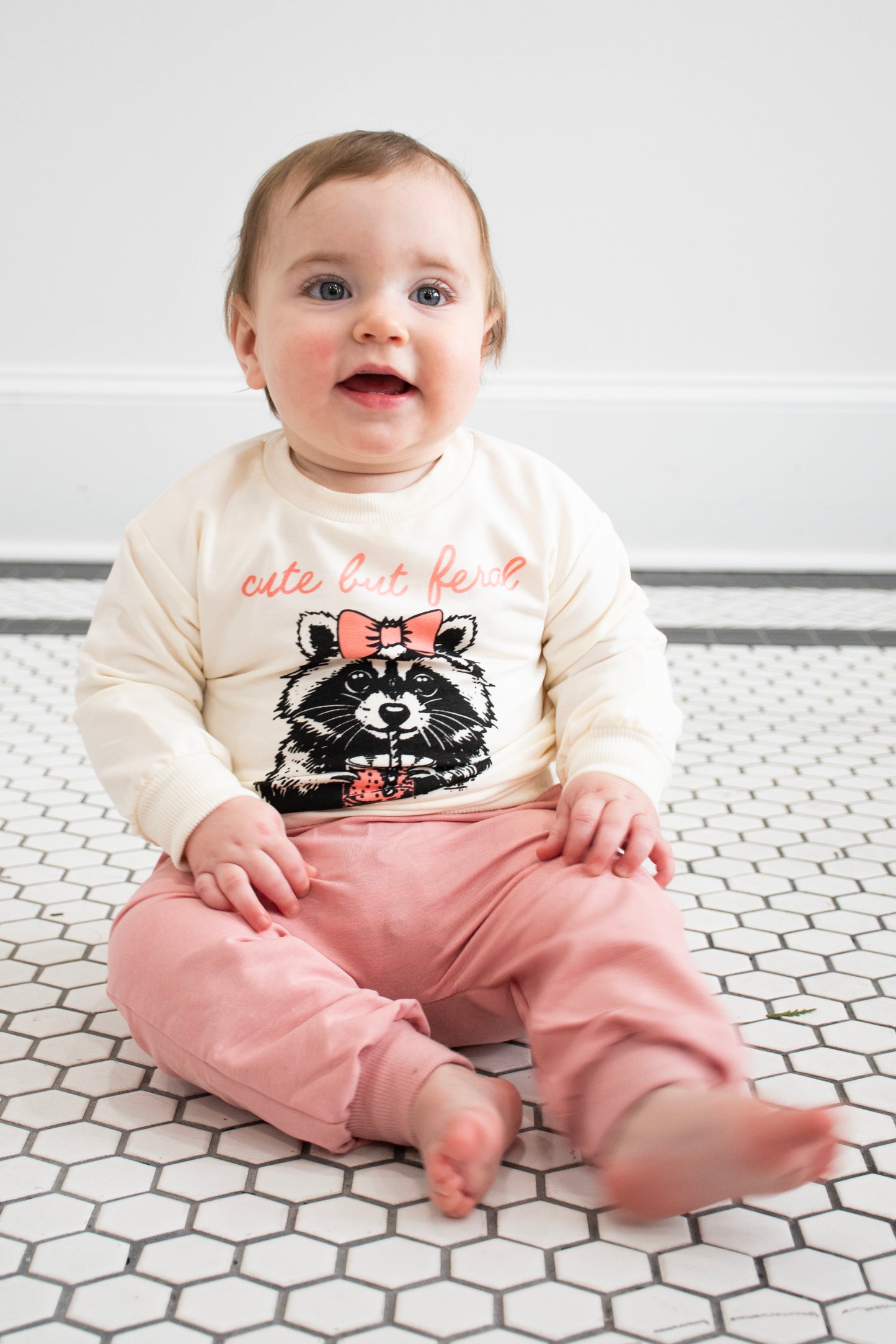 Cute But Feral Cream & Pink Girl Jogger Set
