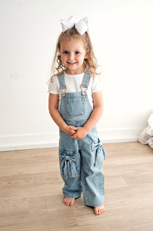 Bow Denim Girl Overalls Wide Leg Jumpsuit