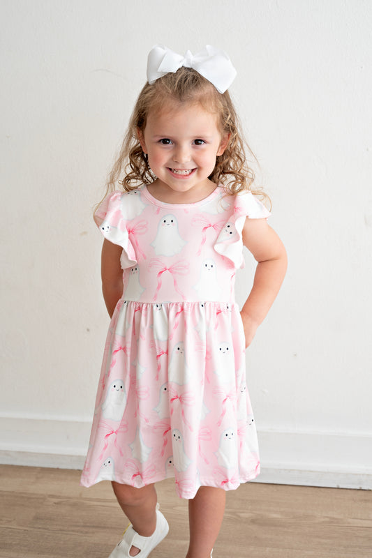 Halloween Pink Ghost Bow Flying Sleeve Dress