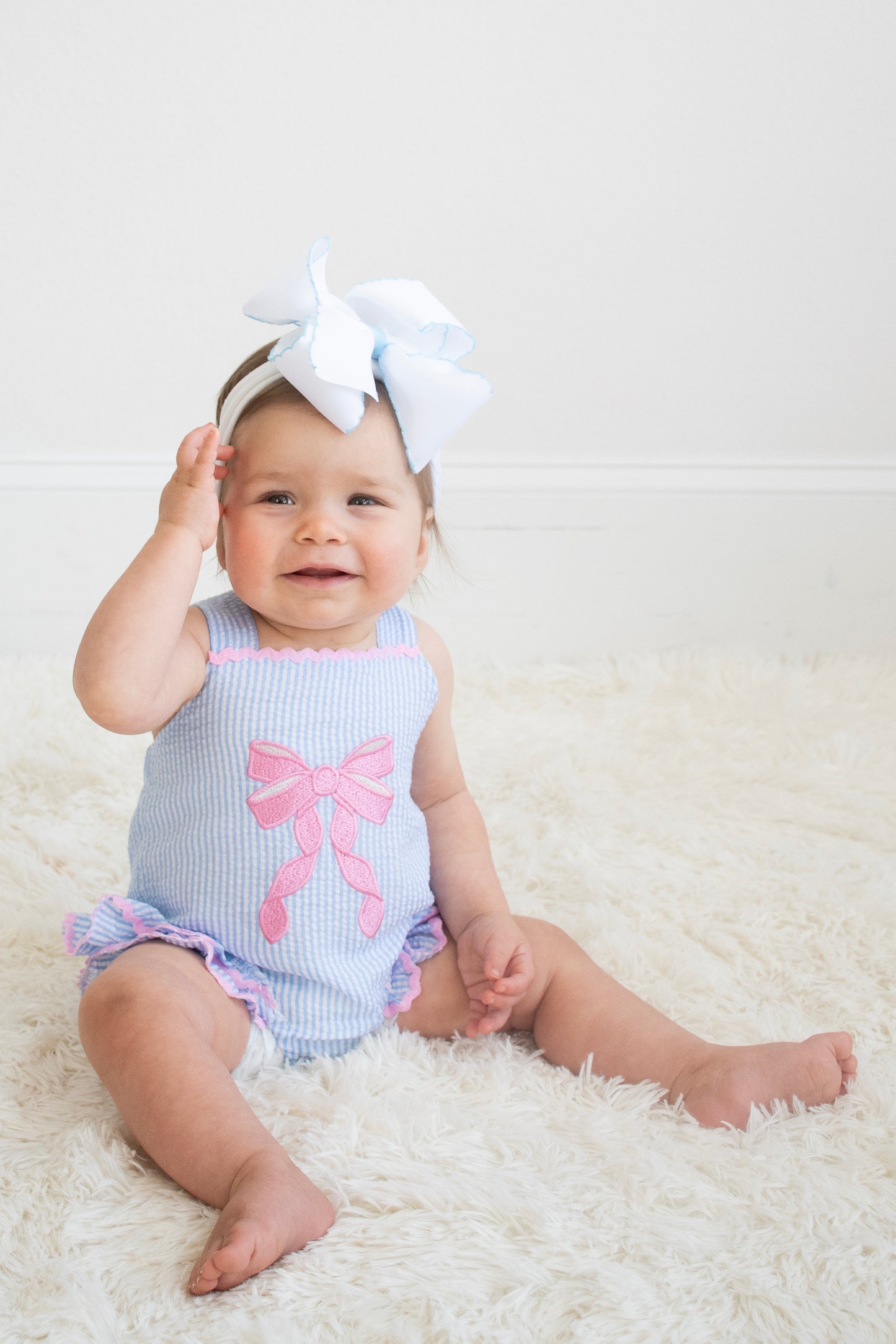 Blue bow embroidery seersucker ruffle swimsuit (runs small)