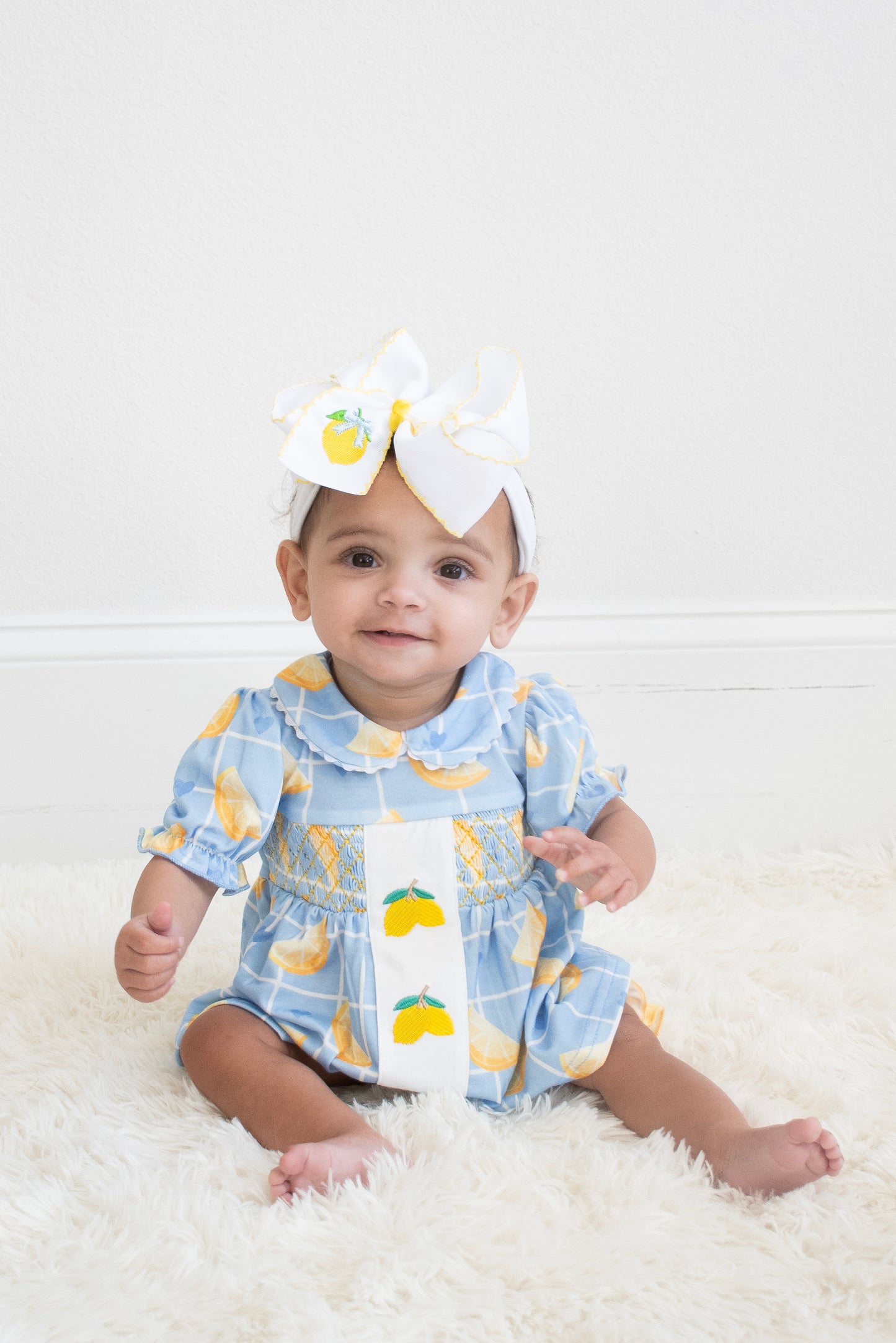 Summer Lemon Print Girls Puff Sleeve Bloomer Set