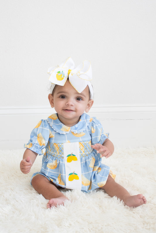 Summer Lemon Print Girls Puff Sleeve Bloomer Set