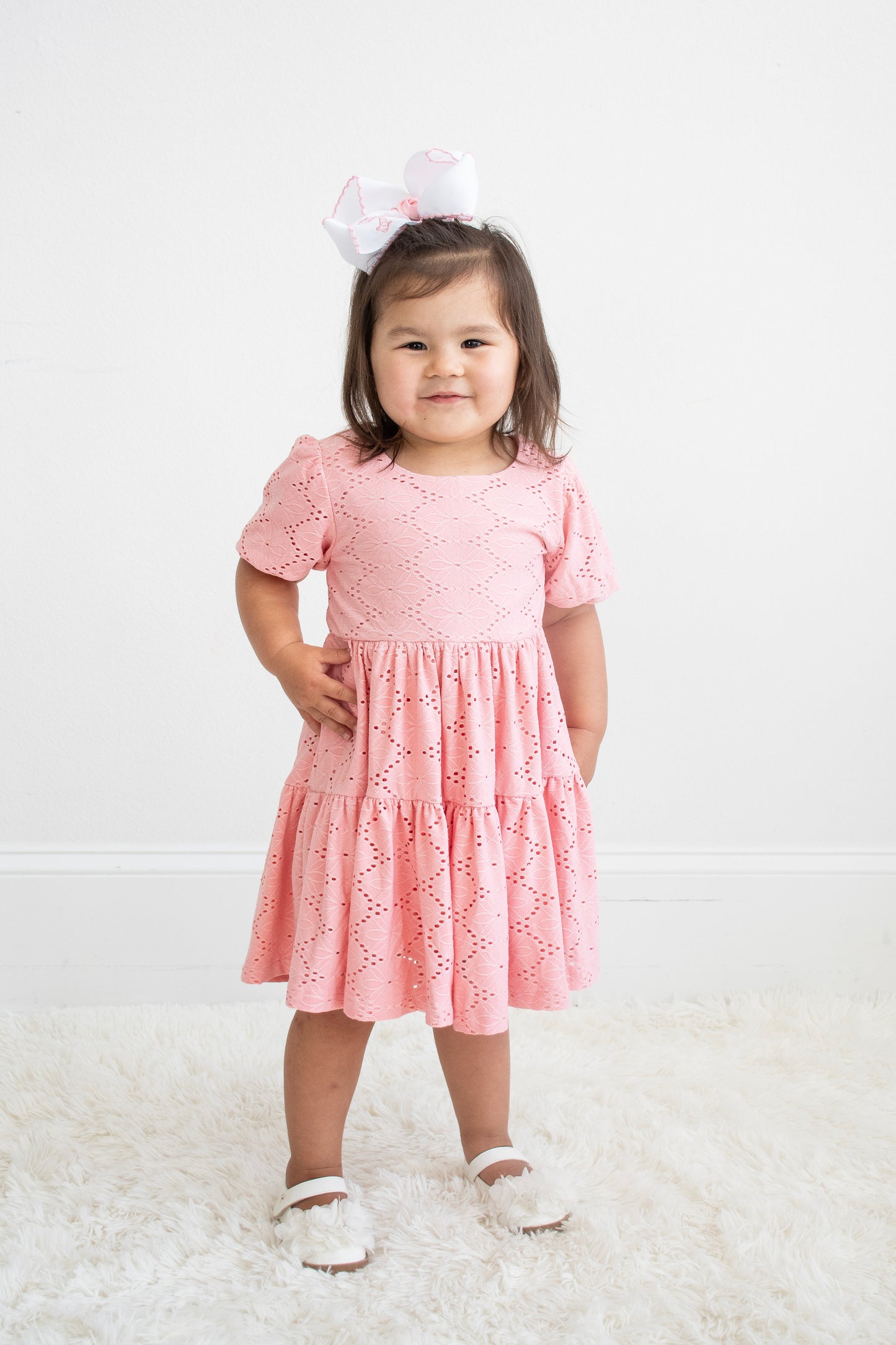 Pink Eyelet Embroidered Girl Short Sleeve Dress