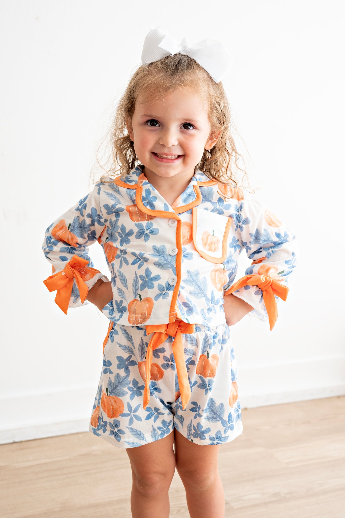 Pumpkin Floral Print Girls Pajamas Set