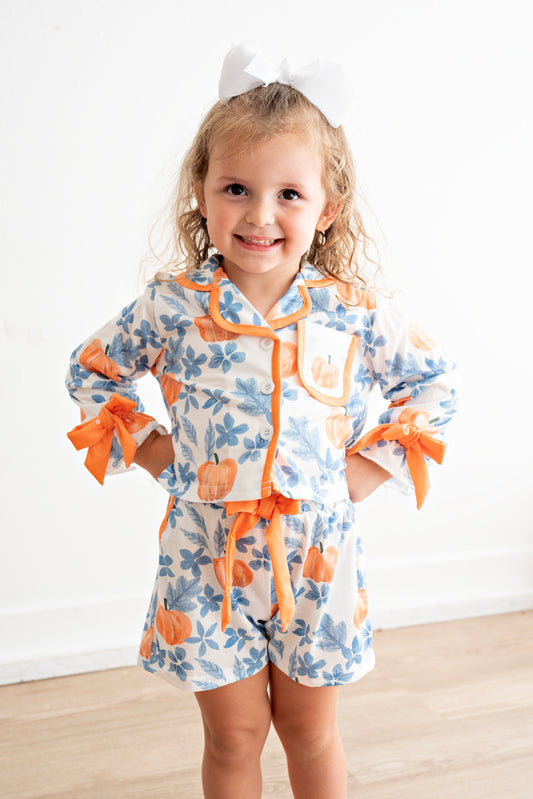 Pumpkin Floral Print Girls Pajamas Set
