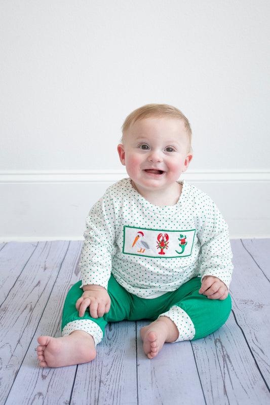 Embroidered Christmas Gator, Lobster & Duck Green Jogger Set