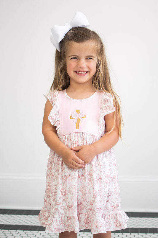 Pink Bowknot Cross Applique Ruffle Dress