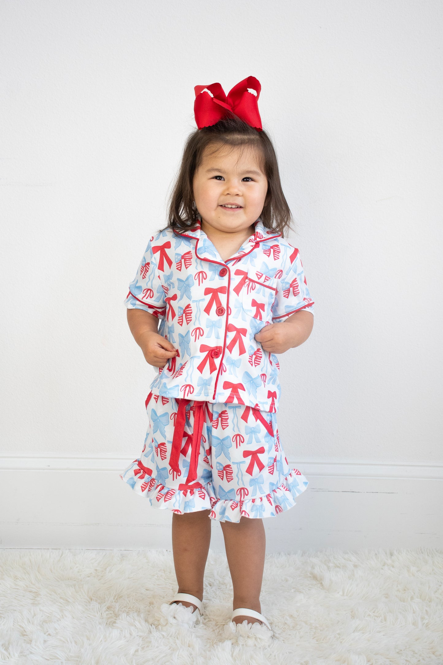 4th of July Bow Girls Pajama Set Short Sleeve Ruffle Shorts