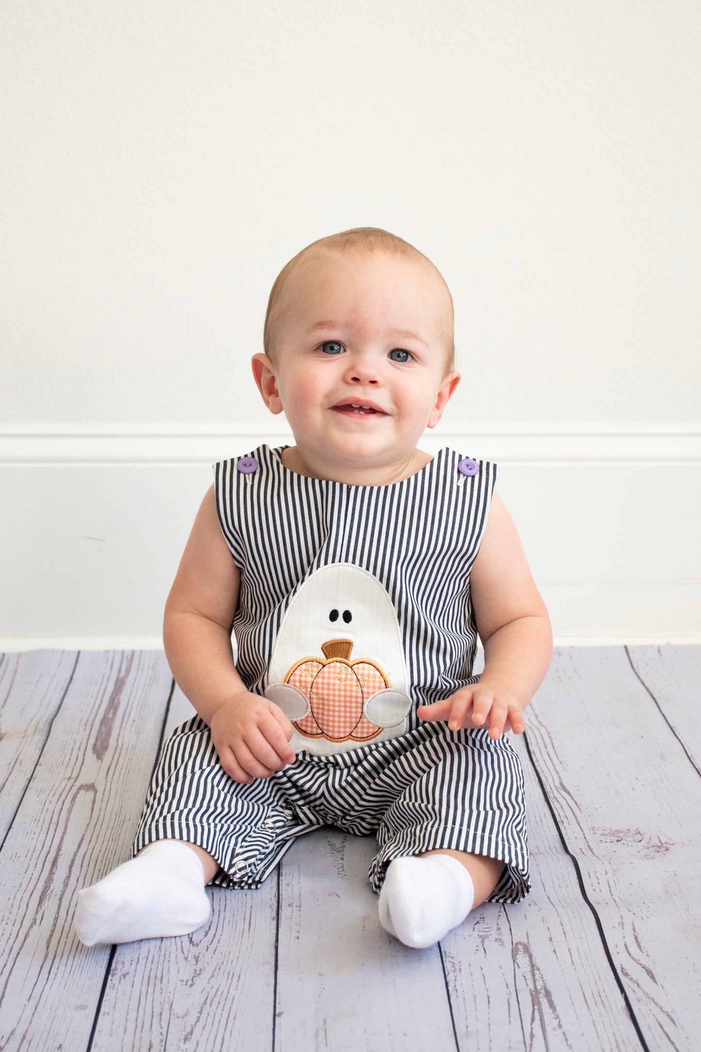 Halloween Striped Ghost Embroidered Baby Boys Romper