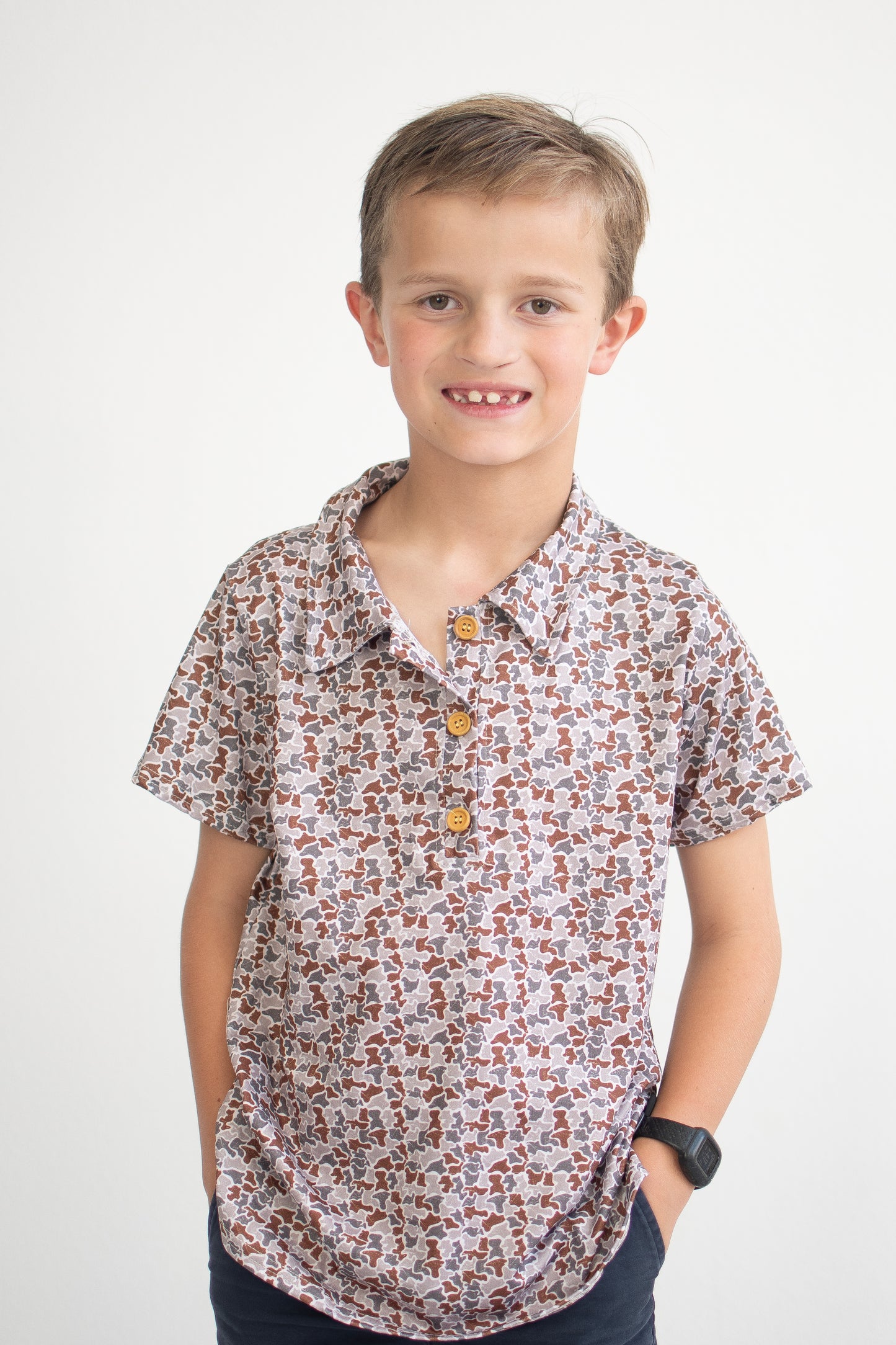 Distressed Camo Boy Collar Shirt