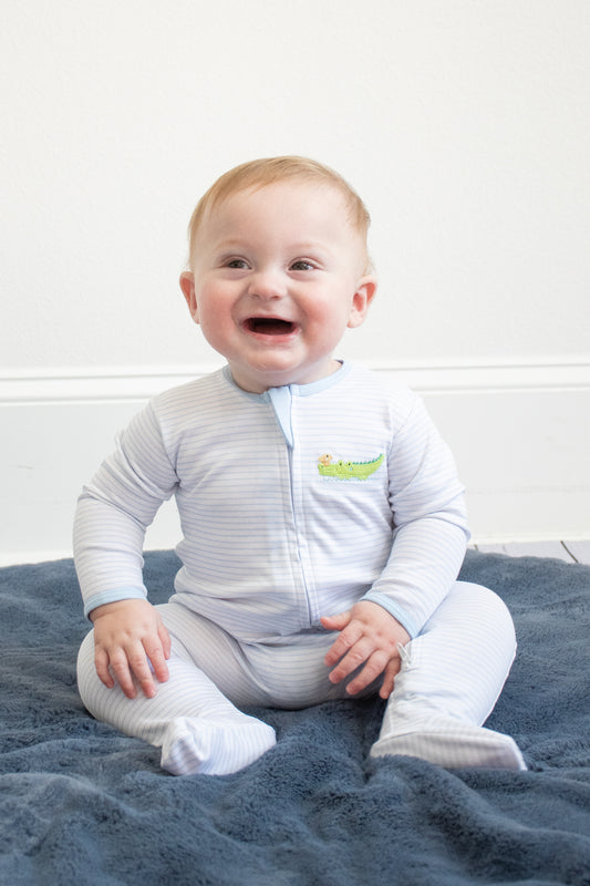 Bayou Babies Applique Zip Footie - Light Blue