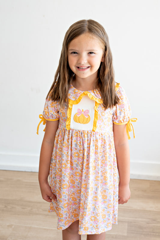Pumpkin Floral Girls Dress