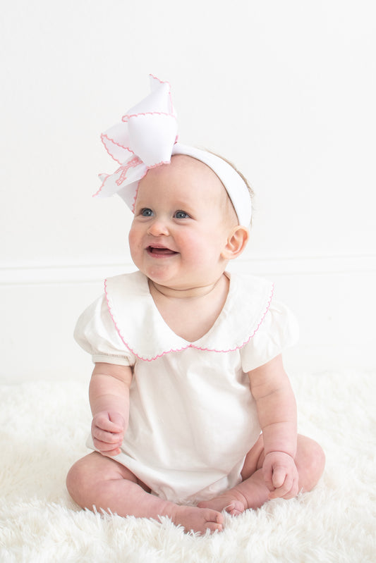 White Short Sleeve Solid Color Romper (pink trim)
