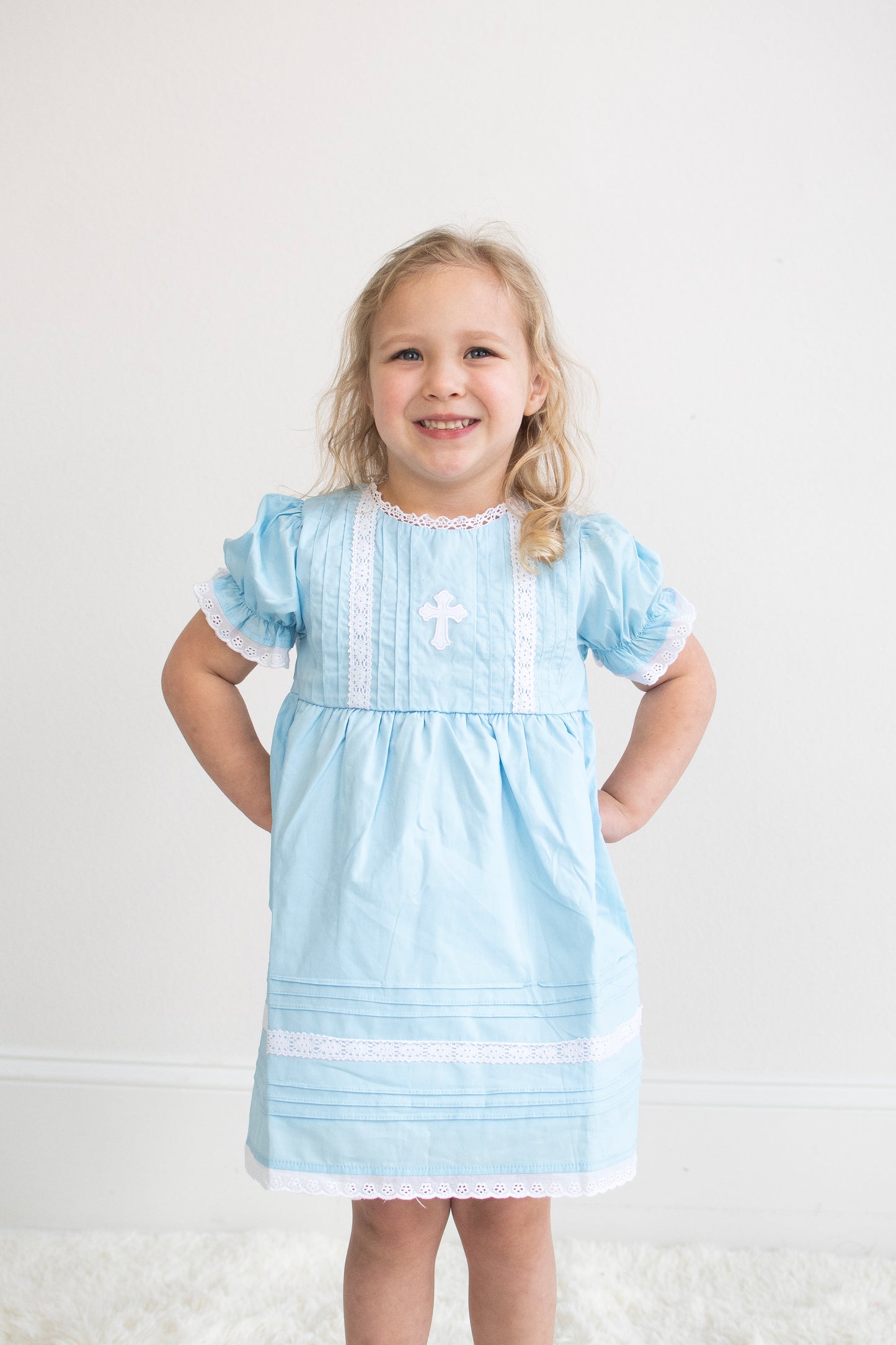 Blue cross embroidery lace dress