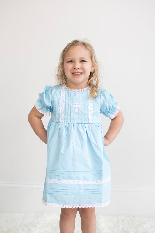 Blue cross embroidery lace dress