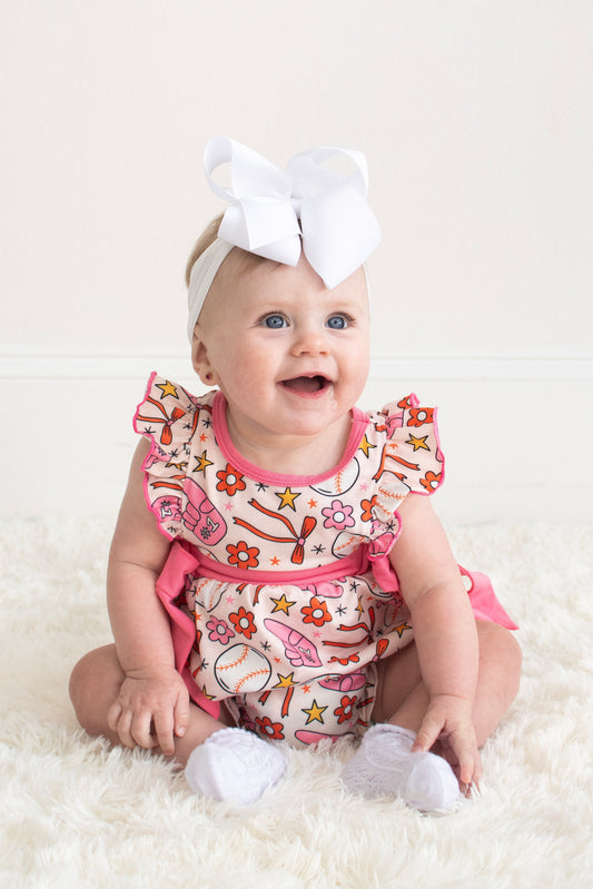 Pink baseball print ruffle bubble