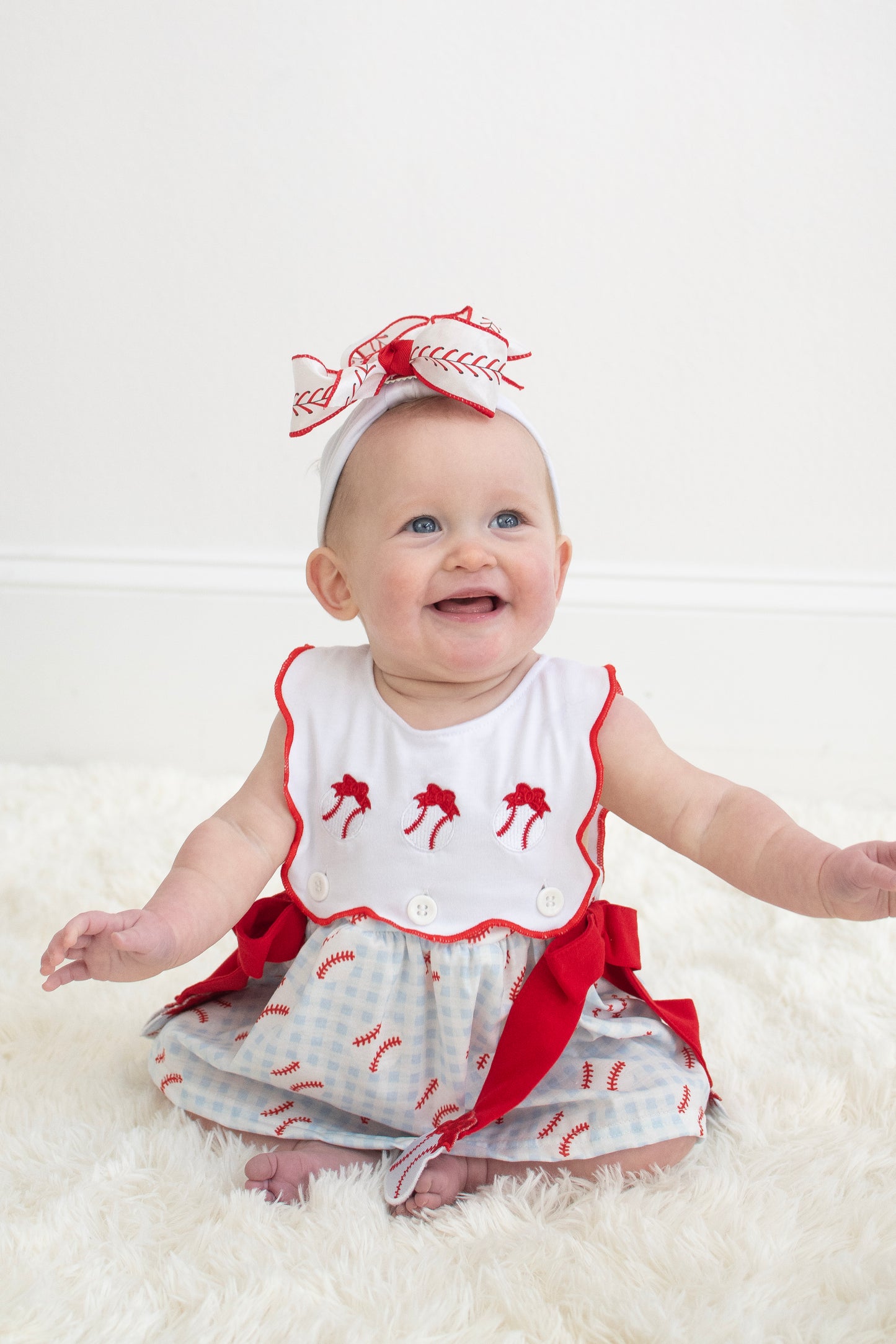 Baseball applique ruffle gingham bloomer set
