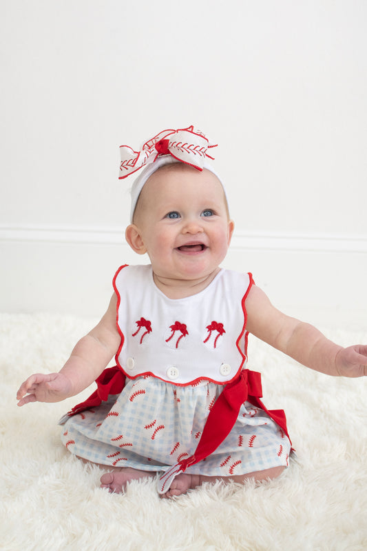 Baseball applique ruffle gingham bloomer set