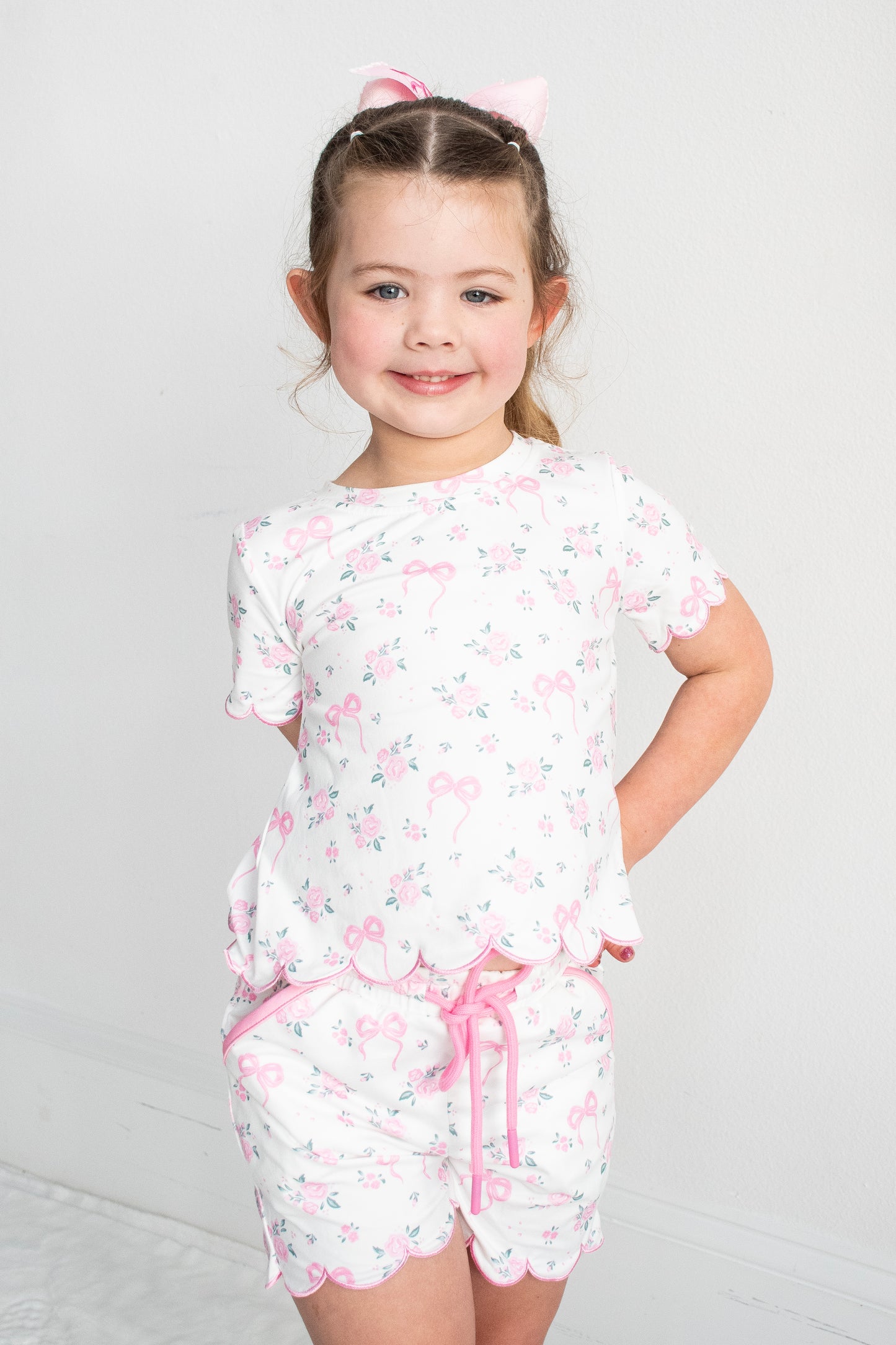 Rose Bow Girl Short Set Scallop Hem