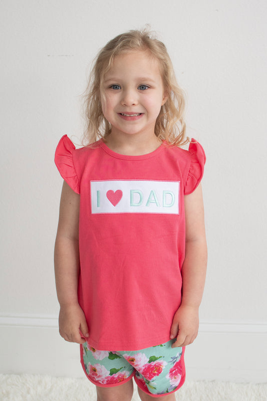 Pink floral I love Dad embroidery shorts set