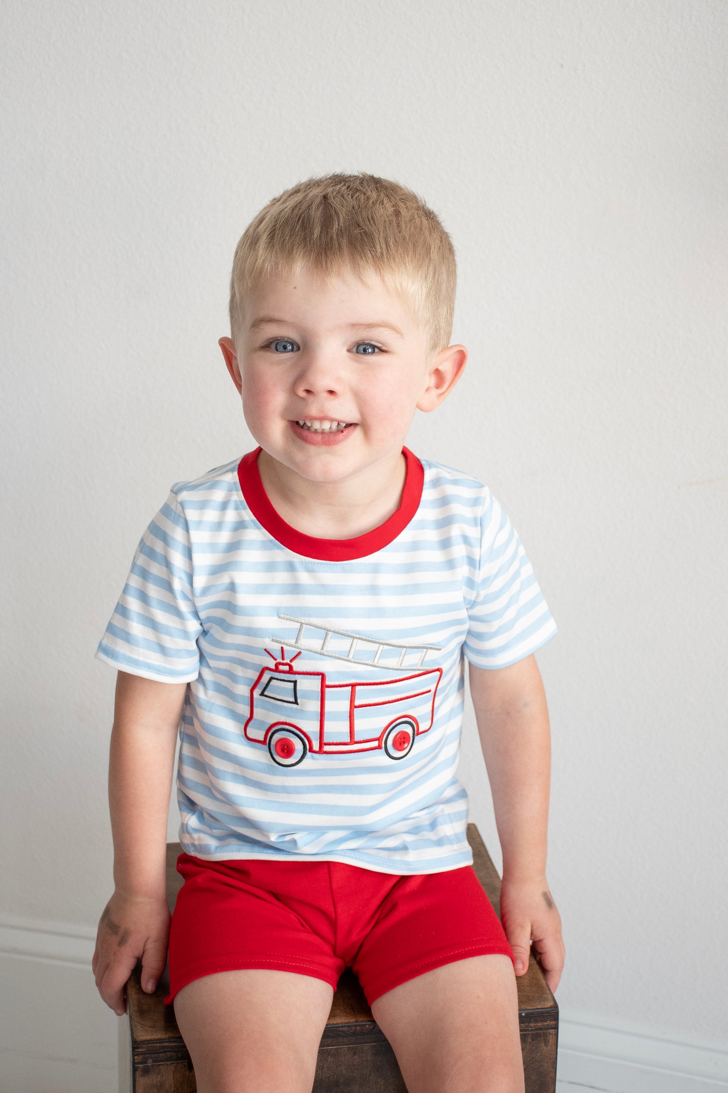 Blue Fire Engine Stripe Embroidered Set