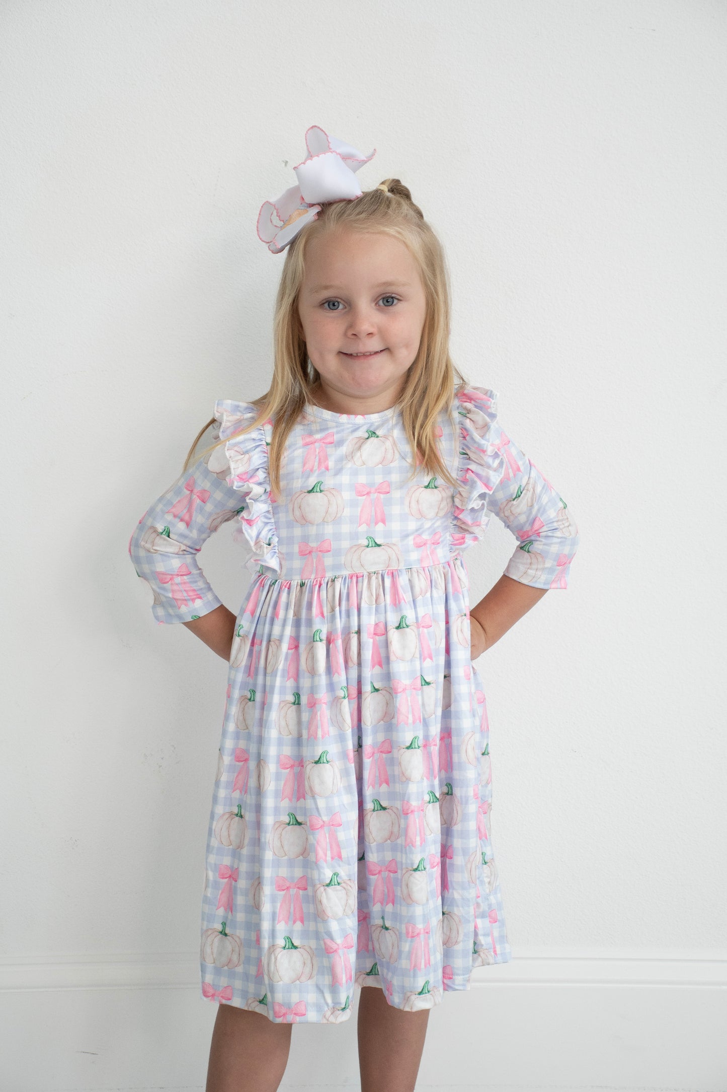 Pumpkin Picnic 3/4 Sleeve Ruffle Twirl Dress (Mila & Rose)
