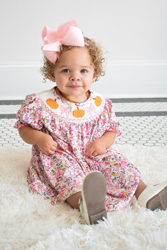 Pumpkin Bow Embroidered Short Sleeve Dress