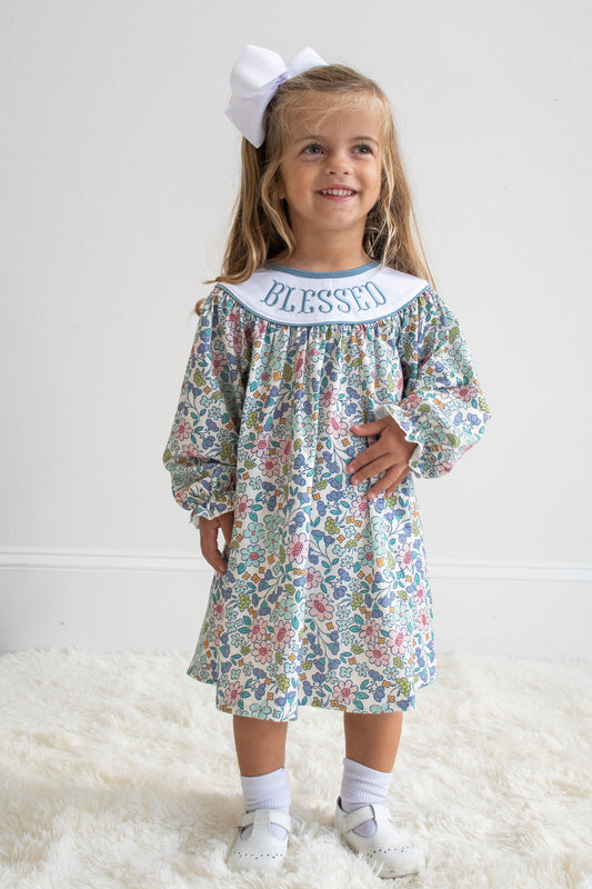 Blue Floral Blessed Embroidery Dress