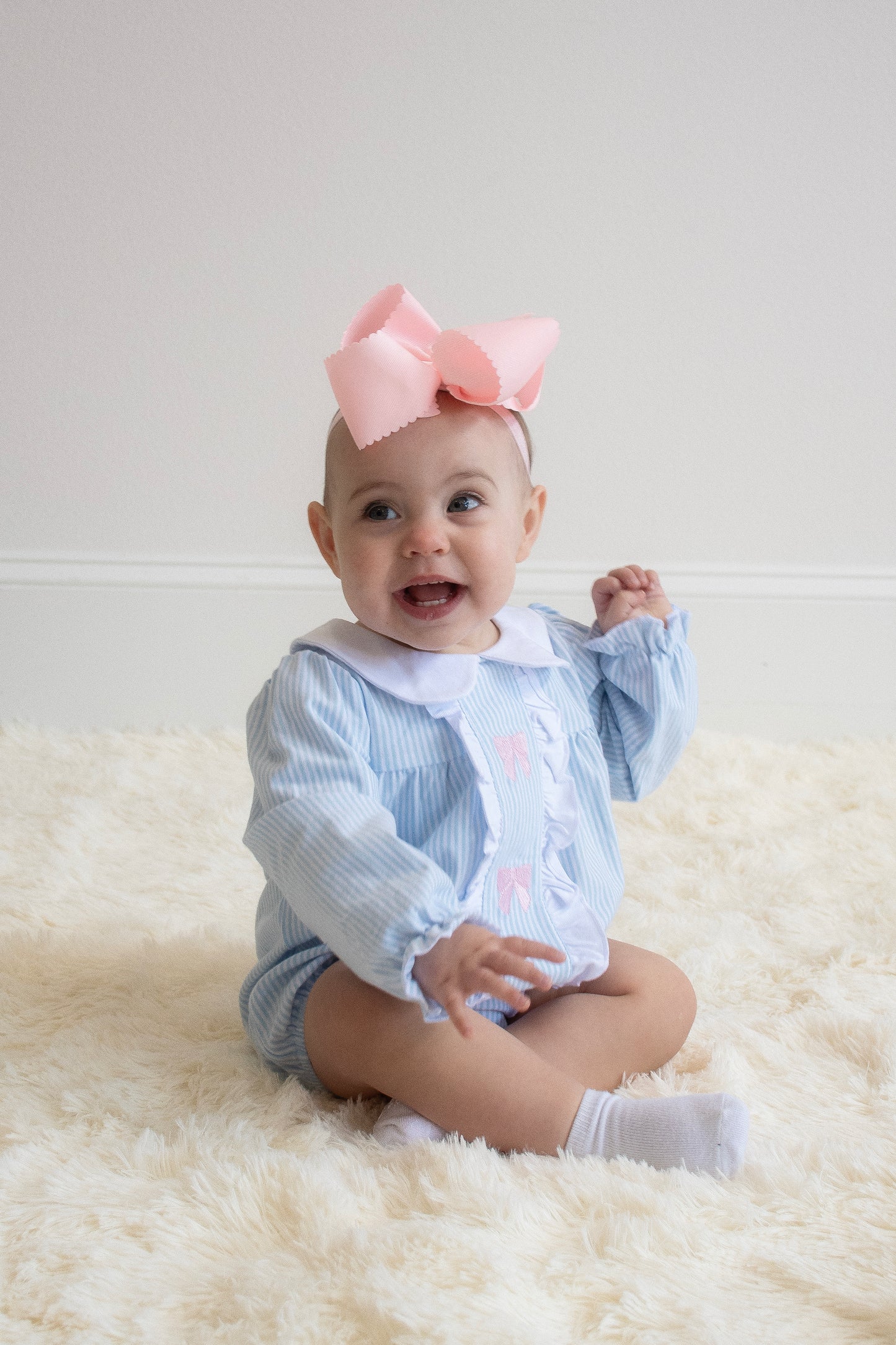 Blue Stripe Bow Embroidery Romper
