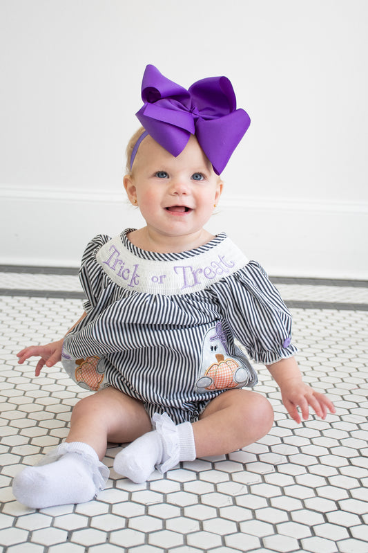 Halloween Striped "Trick or Treat" Smock Embroidered Baby Girl Romper